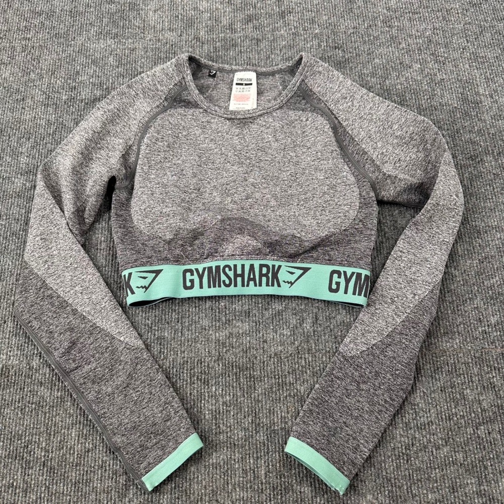 Gymshark Flex Long Sleeve Crop Top Womens Small Seamless Marl Gray Teal Gym